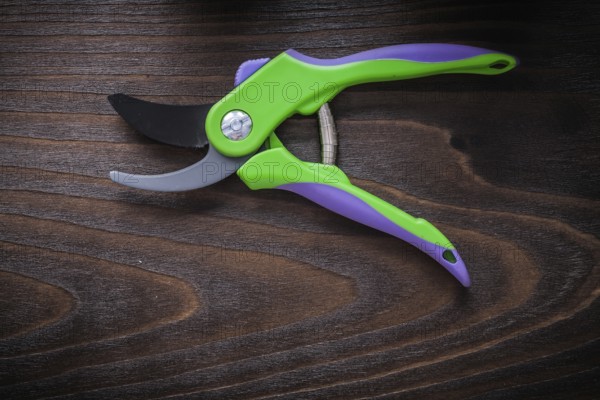 Garden shears on vintage wood background close up agriculture concept