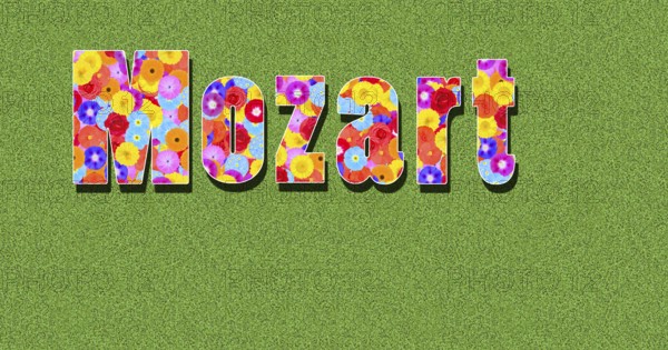 Text, writing, word, name Mozart, Wolfgang, Amadeus with colourful flowers on a green background in
