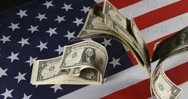 1 US Dollar Banknotes Flying on American Flag