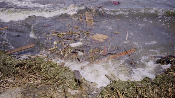 Close-up of floating debris has reached Black Sea beaches in Odessa, Ukraine. Environmental
