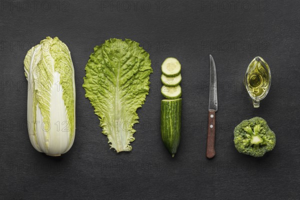 Top view celery with broccoli cucumber