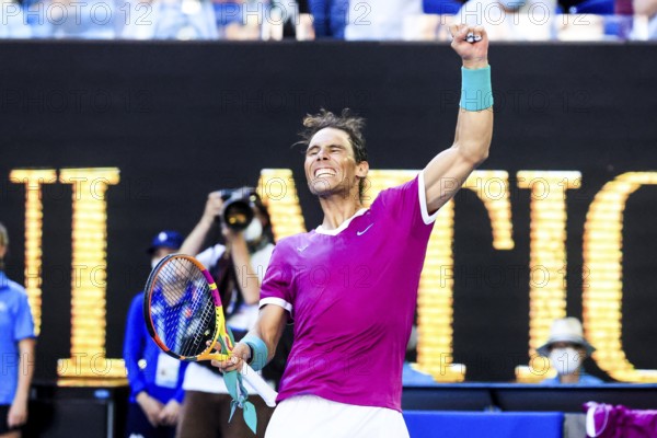 MELBOURNE, AUSTRALIA, JANUARY 25: Rafael Nadal of Spain beats Denis Shapovalov of Canada on day 9