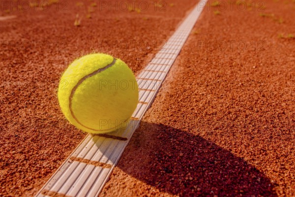 Yellow tennisball on the line at a clay court