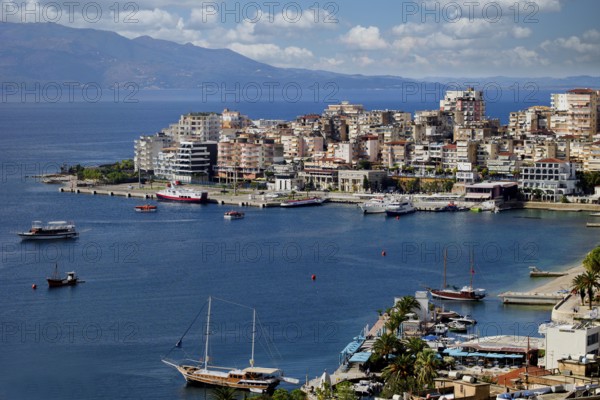 View from above the port of Saranda, Albania, Europe