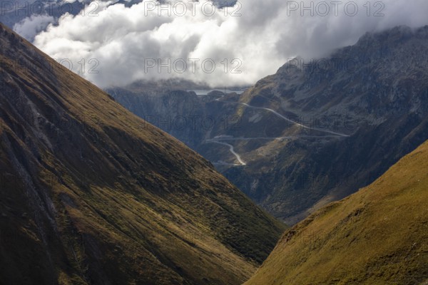 Dynamic weather at the Furka Pass, view to the pass road at the Grimsel Pass, Furka, Valais,