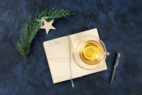 New Year's resolutions, flat lay shot from the top with the handwritten word plan and a place for