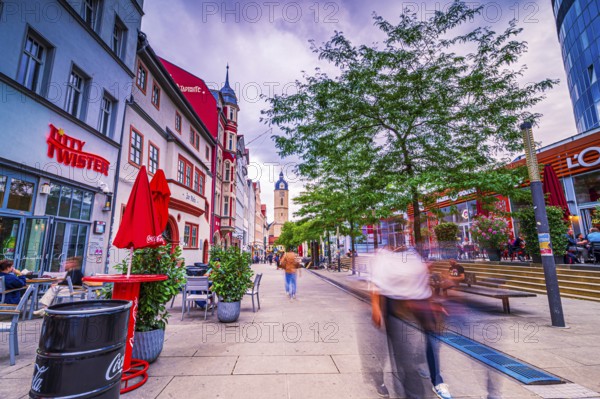 Johannisstraße with the town church of St. Michael in the background, Jena, Thuringia, Germany,