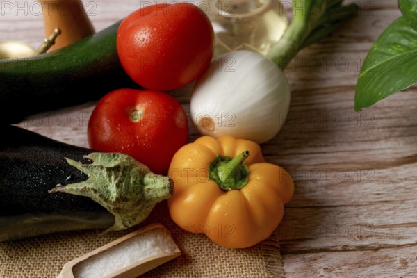 Top view of a group of fresh assorted vegetables to prepare a vegetarian menu, bell pepper, onion,