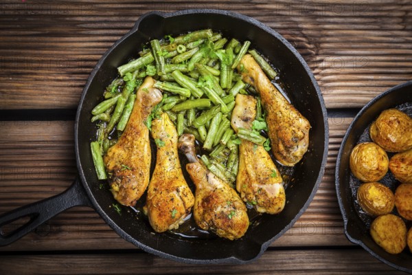 Chicken legs in pan with potatoes, green beans and salad