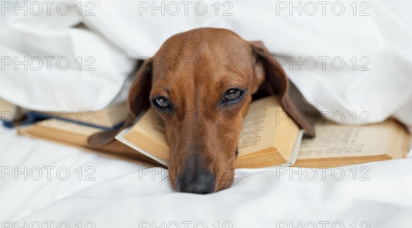 Cute dog laying books