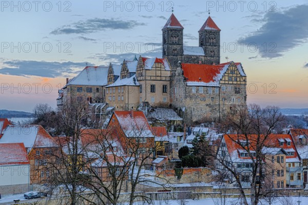 Quedlinburg Castle and Collegiate Church in Winter at Sunset