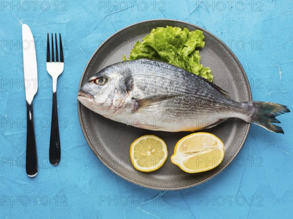 Top view fish with lemon plate