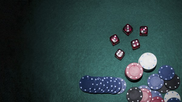 Red dices casino chips green poker table. Resolution and high quality beautiful photo