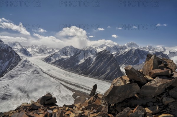Picturesque view of magnificent Fedchenko Glacier in Pamir mountains in Tajikistan