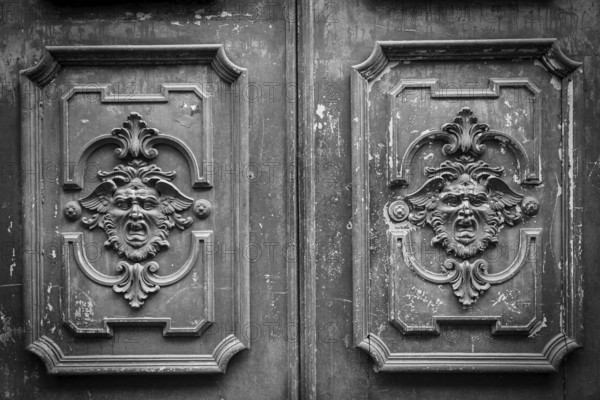 Gothic mask on an old wodden door in Milan - Italy
