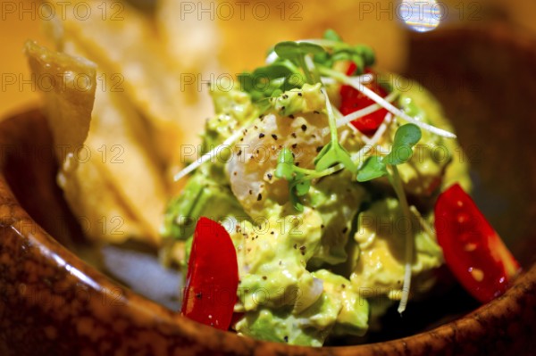 Fresh avocado and shrimps salad with nachos on side