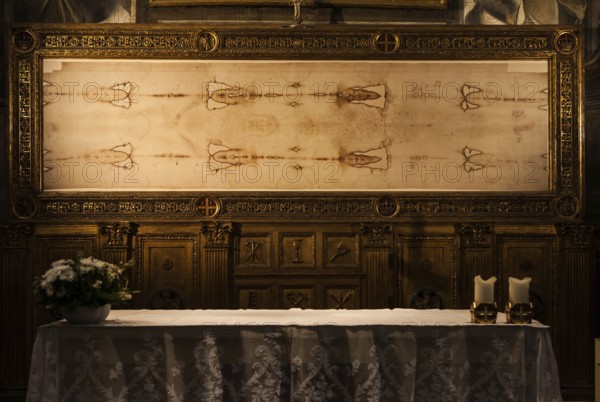 Detail of a copy of the Holy Shroud of Turin, Italy, Europe
