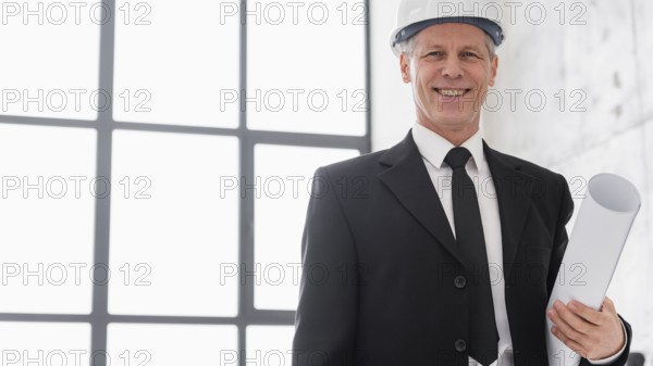 Low angle engineer male with plans
