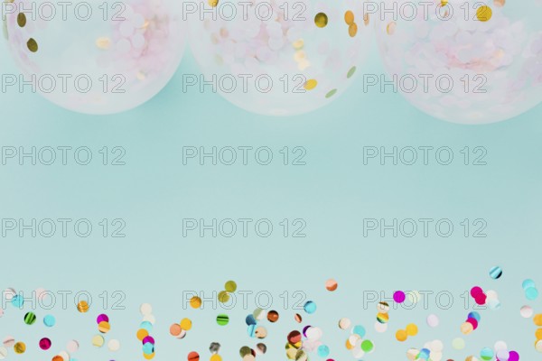 Flat lay party decoration with balloons blue background. Beautiful photo