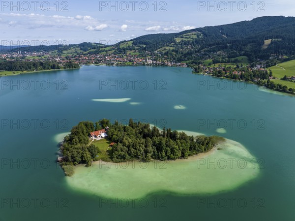 Aerial view, the island of Wörth im Schliersee, Schliersee, Upper Bavaria, Bavaria, Germany, Europe