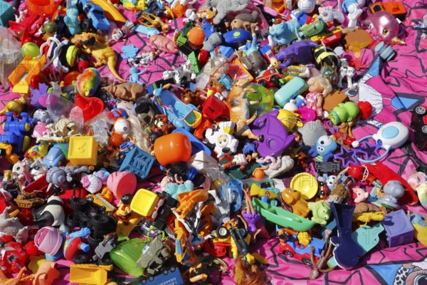 Small toys at a country flea market, Province of Quebec, Canada, North America