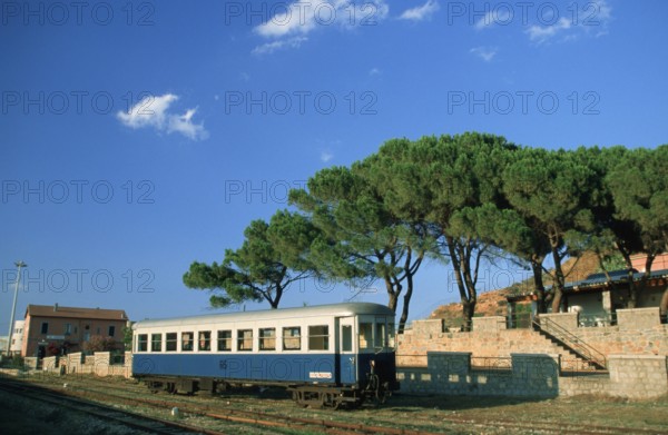 Light rail car at the station, Arbatax, Sardinia, Italy, Europe