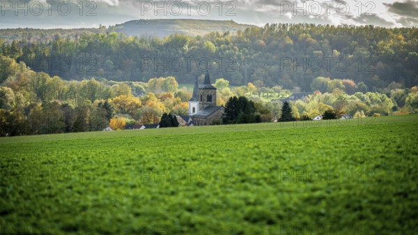 A picturesque view of a village with a church surrounded by autumn coloured trees and hilly