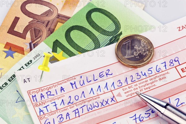 A payment slip for bank transfer or cash deposit with IBAN and BIC code from Austria