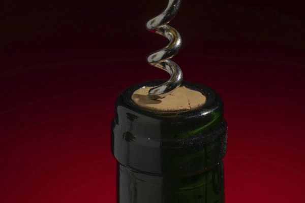 Green wine bottle with cork and corkscrew, bottle opener, decoration, open