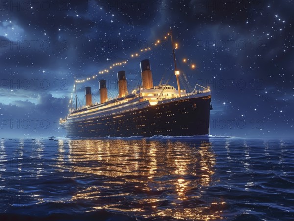 Voyage of the Titanic in the Atlantic on a starry night and calm sea, AI generated