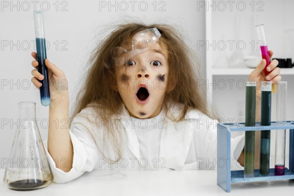 Shocked girl scientist laboratory with test tubes failed experiment