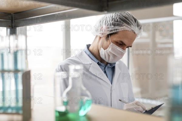 Close up scientist taking notes
