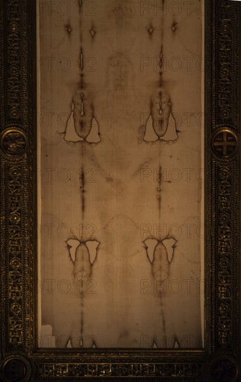 Detail of a copy of the Holy Shroud of Turin, Italy, Europe