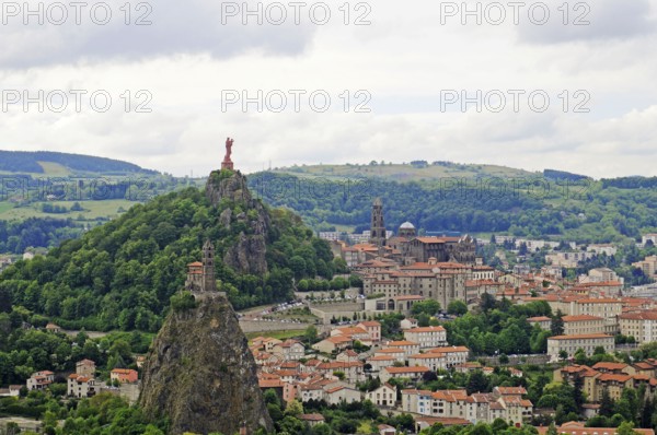View of Le Puy-en-Velay, Cathedrale Notre-Dame du, Statue of the Virgin Mary on Rocher Corneille,