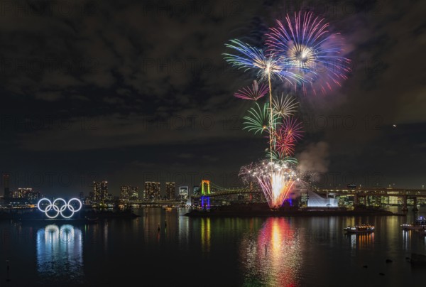 A picture of the fireworks commemorating the opening of the Olympic Rings in the Tokyo Bay,