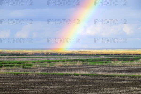 Rainbow, a view of the landscape in the field. Formation of the rainbow after the rain. Refraction