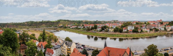 View of the Elbe Cycle Path from Albrechtsburg Cathedral Square, Meißen, Saxony, Germany, Europe