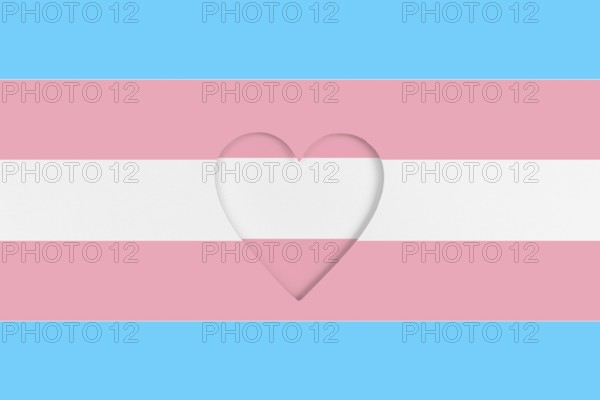 Transgender flag background. Printed cardboard with die-cut heart shape. Top view