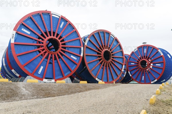 France - 13 August 2019: empty subsea umbilical cable reels ready for reloading