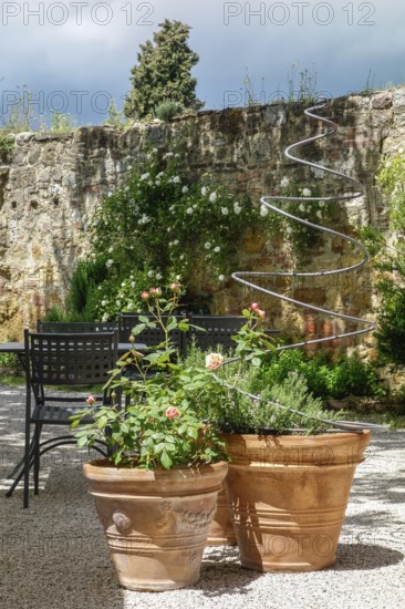 PIENZA, TUSCANY, ITALY - MAY 19 : Potted plants in a restaurant in Pienza on May 19, 2013