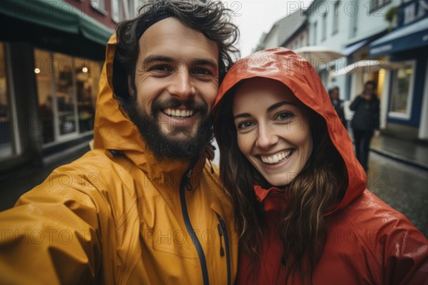 Young couple in mackintosh stands beaming with joy in the rain in an alley, selfie, happy, AI