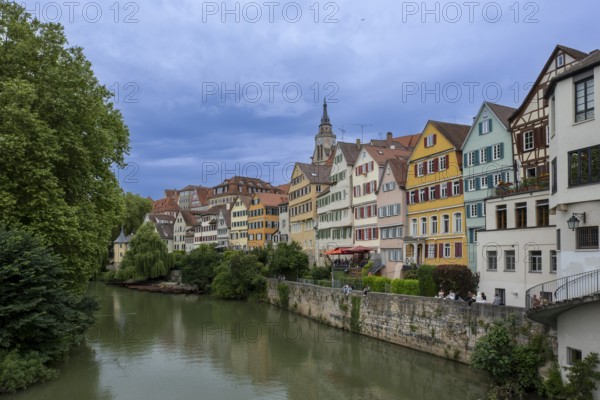 Old town houses in Tübingen with Hölderlin Tower (l.) and St George's Collegiate Church on the