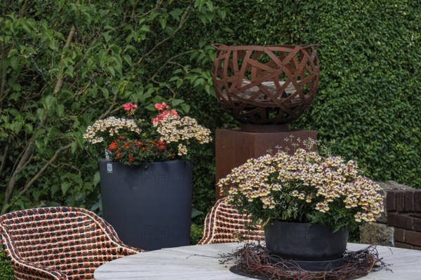 Garden furniture and plant arrangements in a decorative garden area, bad zwischenahn, lower saxony,