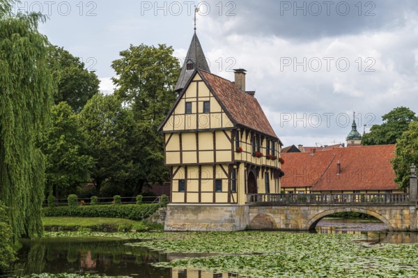 Old half-timbered house on a quiet pond with water lilies, surrounded by greenery under a cloudy
