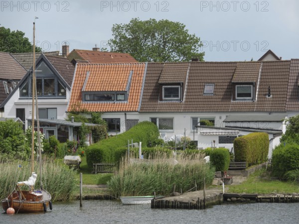 Terraced houses with well-kept gardens and boats along a riverbank in a quiet residential area,