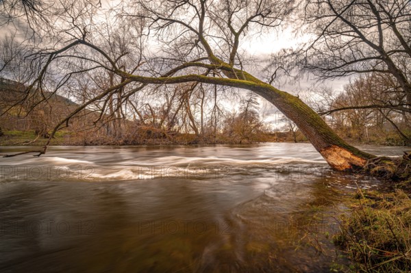 Long exposure of the river Saale in Jena at sunset, Jena, Thuringia, Germany, Europe
