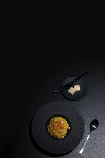 Elegant Plate with Risotto alla Milanese with Saffron and Parmesan Cheese in Lugano, Ticino,