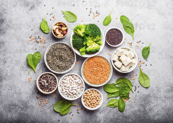 Top view of different vegan protein sources: beans, lentils, quinoa, tofu, vegetables, spinach,