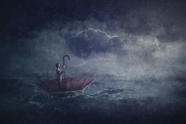 Sailing painting with a lone person in the ocean floating on an umbrella boat. Surreal scene with a