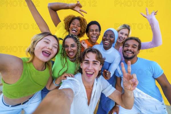 Young people from different ethnicities taking a happy selfie at a gathering next to a yellow